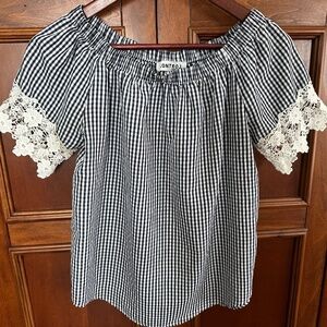 Kontrol Women's Navy White Gingham Plaid Eyelet Lace Sleeves Top Size S NWOT